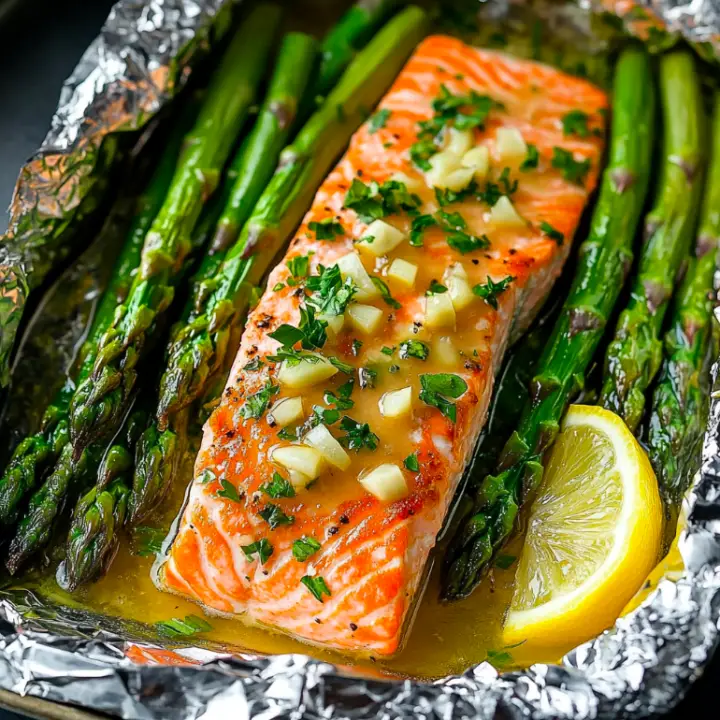 Baked Salmon in Foil with Asparagus and Lemon Garlic Butter Sauce